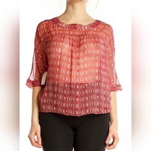 Isabel Marant Etoile "Ziane" Red & White Geometric Print Silk Blouse- 36EU/Small